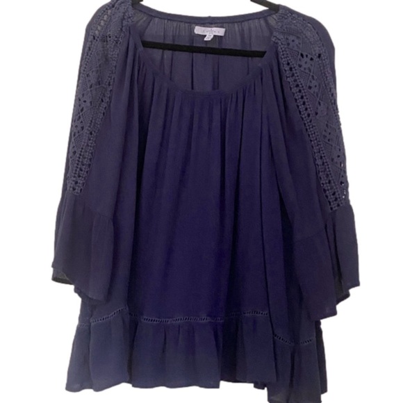 Bohemian Cotton Blouse Navy Blue Ruffle Hem Open Round Neck - Picture 1 of 8